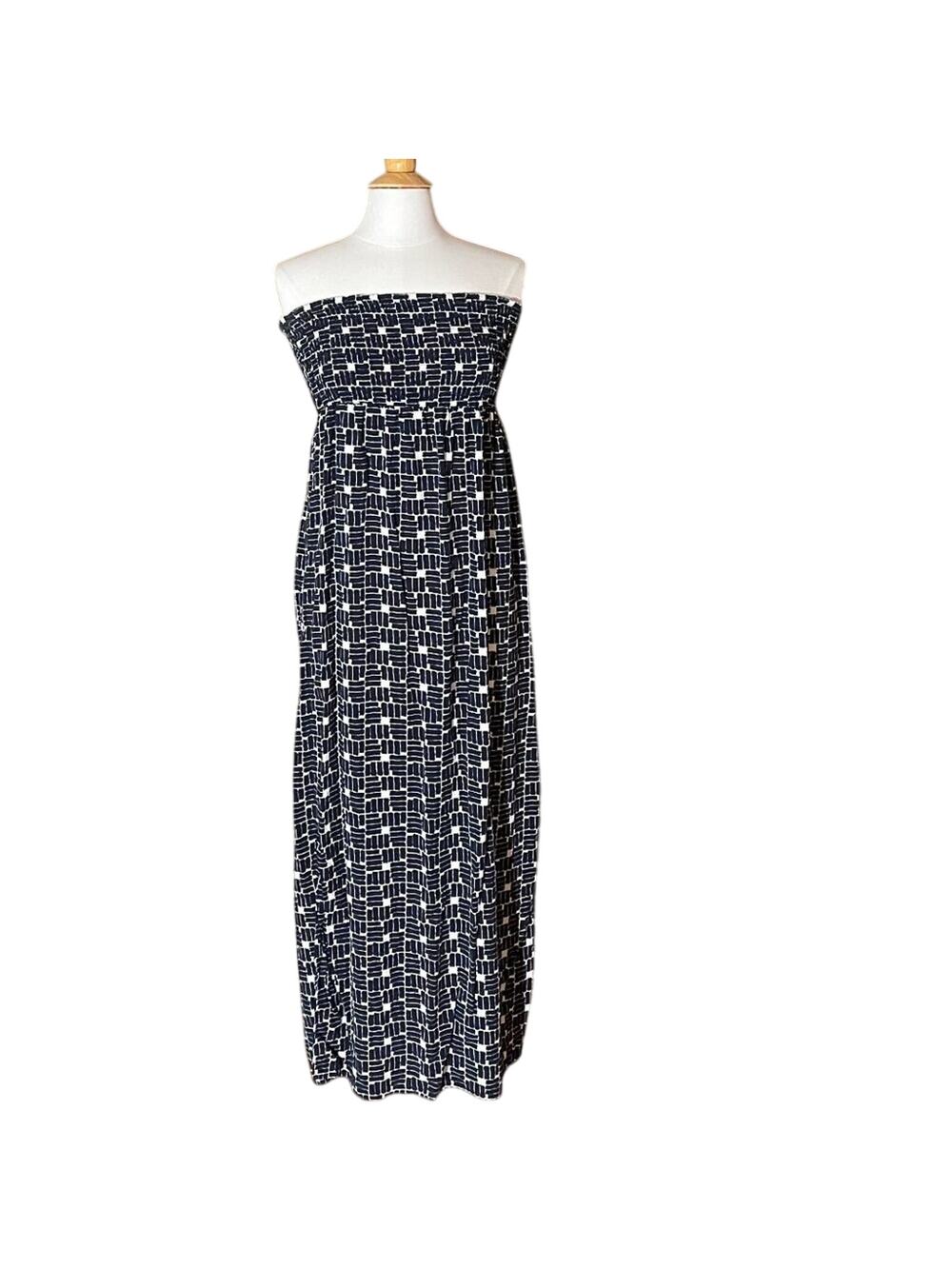 GAP Navy & White Smocked Bandeau Strapless Maxi Dress, Allover Print, Size L